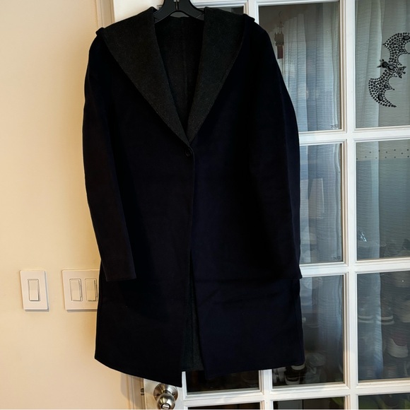 Uniqlo szXS brush wool double faced hooded coat in navy/ gray - Picture 2 of 14